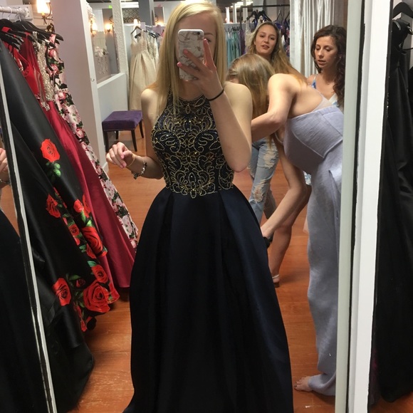 Navy Blue PROM dress with gold detailing - Picture 1 of 2